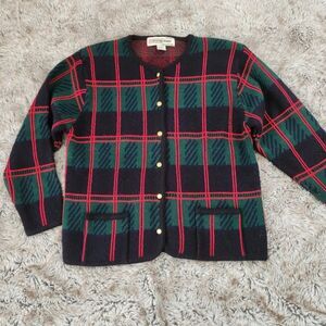 Crystal-Kobe Vintage 1980s Christmas Plaid Cardigan Sweater Size Large‎